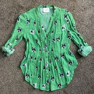 Maeve Anthropologie Womens Button Up Shirt Rolled Sleeve French Bulldog, Size 0